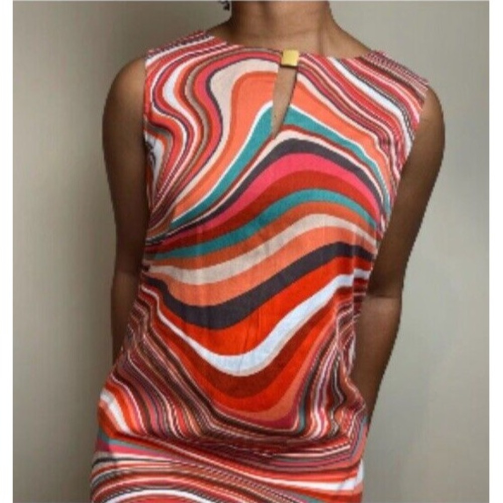 TAHARI ASL Orange & teal swirls sleeveless shift dress knee length Woman's‎ 8